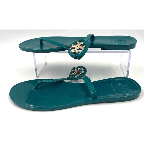 Tory Burch Authentic  Green Logo T-Strap Slip-On Thong Sandals Size 9 - Picture 1 of 8